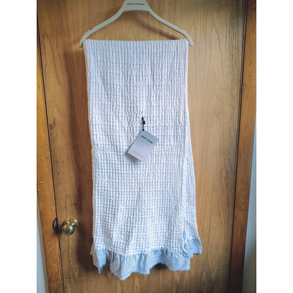 INUP HOME Washed 100% Cotton Throw White & Grey Striped Trim, OEKO-TEX NWT